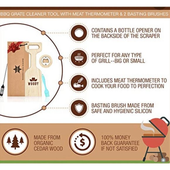 Woody Cedar Wood Grill Scraper & Meat Thermometer Bottle Opener Basting Brush - Picture 3 of 6